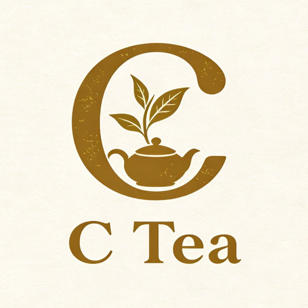 C Tea logo with a teapot and leaf design on a beige background